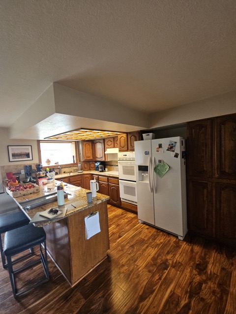 Dated kitchen with dark oak cabinets, gold granite counters and a fluorescent light box before renovation
